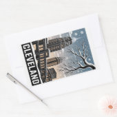 Cleveland Ohio Skyline Winter Woodcut Black&White 長方形シール (封筒)