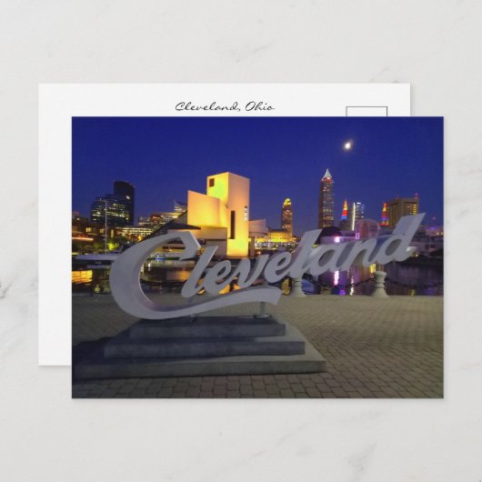 Cleveland script sign at night ポストカード (正面/裏面)