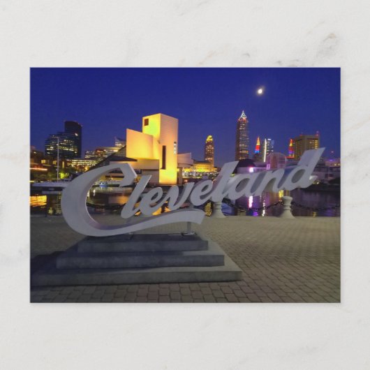 Cleveland script sign at night ポストカード (正面)
