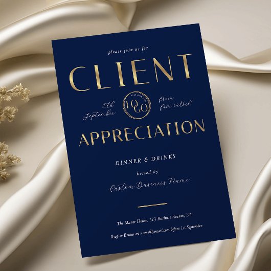 Client Appreciation Day Navy & Gold Logo Company 招待状