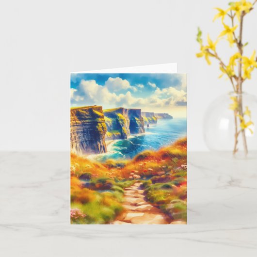 Cliffs of Moher Ireland Watercolor カード (黄色い花)