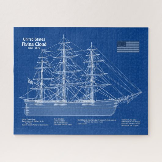 Clipper Ship 飛んでいる Cloud - Blueprint ABD ジグソーパズル (横)