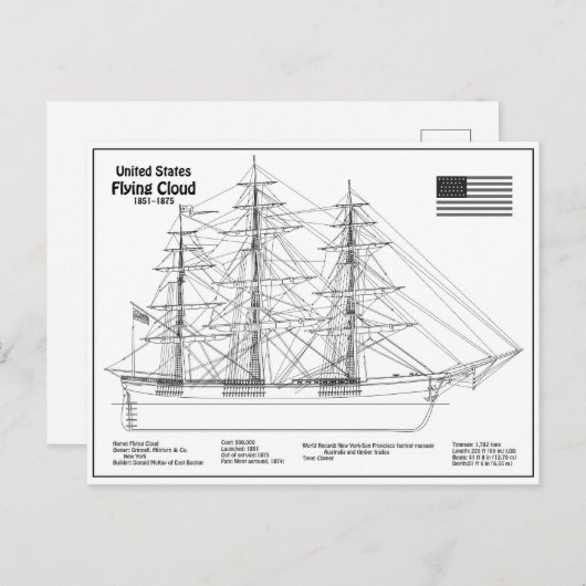 Clipper Ship 飛んでいる Cloud - Ship Blueprint BD ポストカード (正面/裏面)