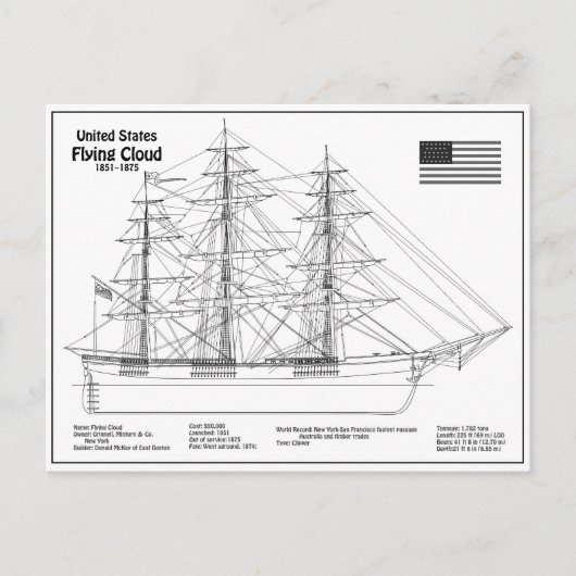 Clipper Ship 飛んでいる Cloud - Ship Blueprint BD ポストカード (正面)