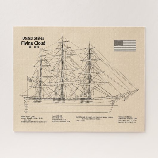 Clipper Ship 飛んでいる Cloud - Ship Blueprint SD ジグソーパズル (横)
