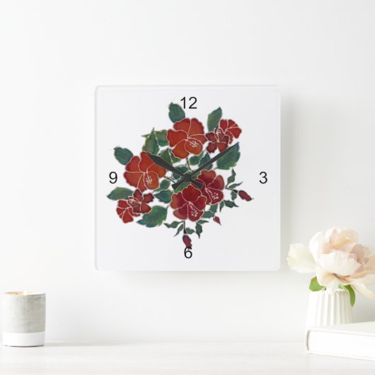 Clock – 赤い熱帯花 スクエア壁時計 (ホーム)