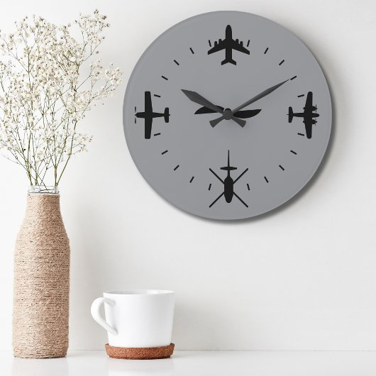 Clock Face with Airplane icons Cool Pilot Aviation ラージ壁時計
