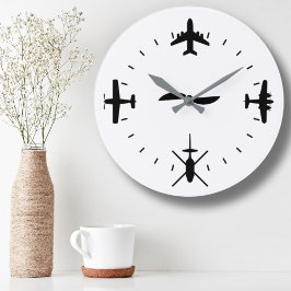Clock Face with Airplane icons Cool Pilot Aviation ラージ壁時計