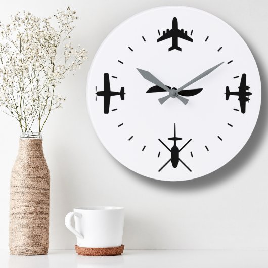 Clock Face with Airplane icons Cool Pilot Aviation ラージ壁時計