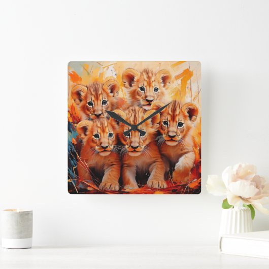 Clock - Five Lion Cubs Artwork スクエア壁時計 (ホーム)