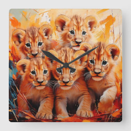 Clock - Five Lion Cubs Artwork スクエア壁時計