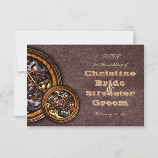 Clockworkとレザー、ウェディングsvp 招待状 (正面)