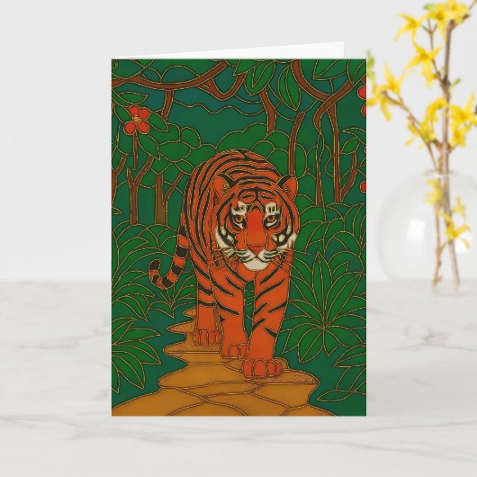 Cloisonne Art Tiger on the Jungle Path カード (黄色い花)