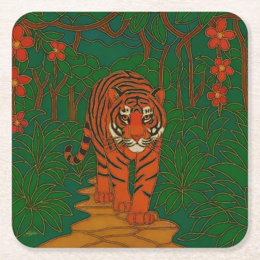 Cloisonne Art Tiger on the Jungle Path スクエアペーパーコースター (正面)