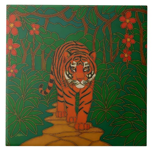 Cloisonne Art Tiger on the Jungle Path タイル (正面)