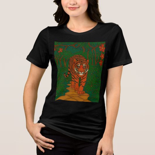 Cloisonne Art Tiger on the Jungle Path トライブレンドTシャツ (正面)