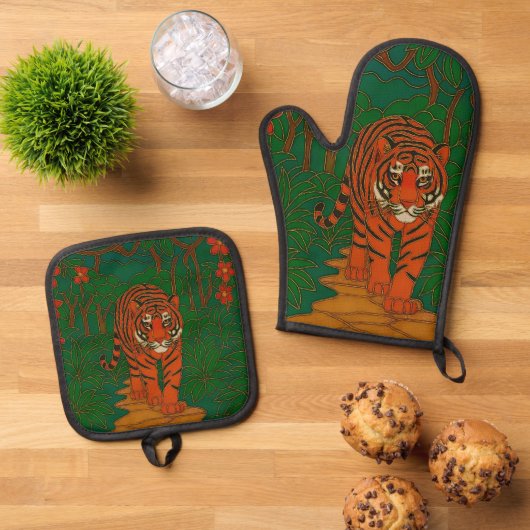 Cloisonne Art Tiger on the Jungle Path 鍋つかみ&鍋敷きセット (トップダウン)
