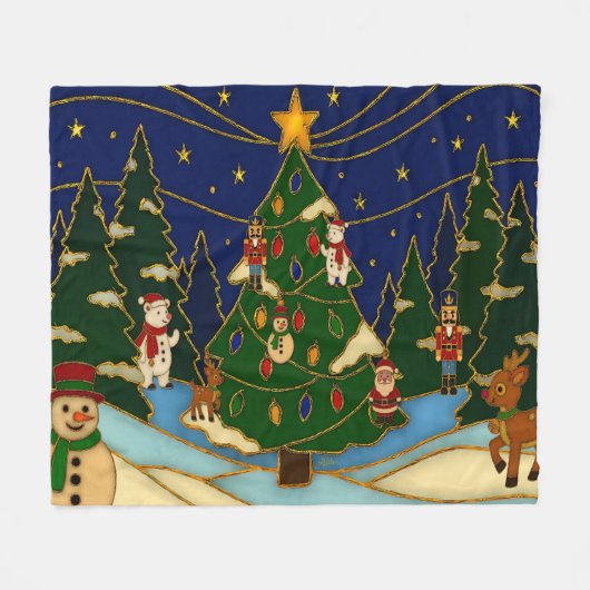Cloisonne Art Whimsical Forest Classic Christmas  フリースブランケット (正面(横))