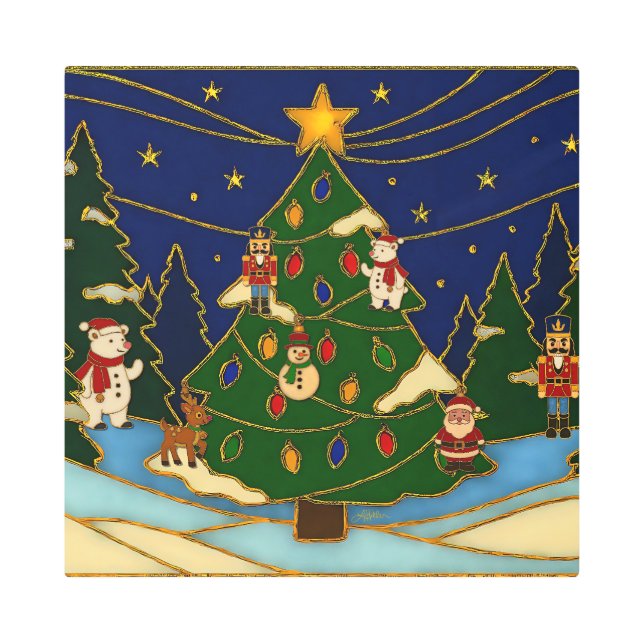 Cloisonne Art Whimsical Forest Classic Christmas  メタルプリント (正面)