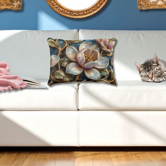 Cloisonné Magnolia Floral Blue Gold Quatrefoil  アクセントクッション