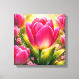 Close-up of Pink Tulips with Dew and Sunlight Glow キャンバスプリント