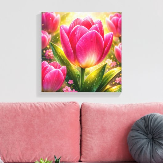 Close-up of Pink Tulips with Dew and Sunlight Glow キャンバスプリント (インサイチュ (リビング))