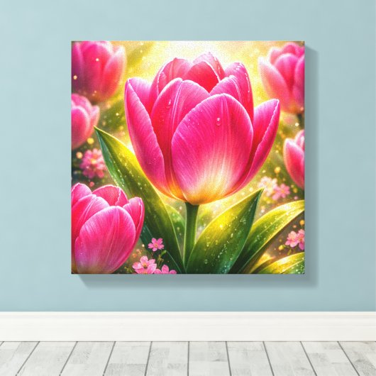Close-up of Pink Tulips with Dew and Sunlight Glow キャンバスプリント (インサイチュ (ウッドフロア))