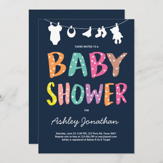 Clotheslineのベビーシャワーの招待のベビーの衣服 招待状 (正面/裏面)