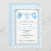 Clotheslineのベビーシャワーの招待状の青および灰色 招待状 (正面/裏面)