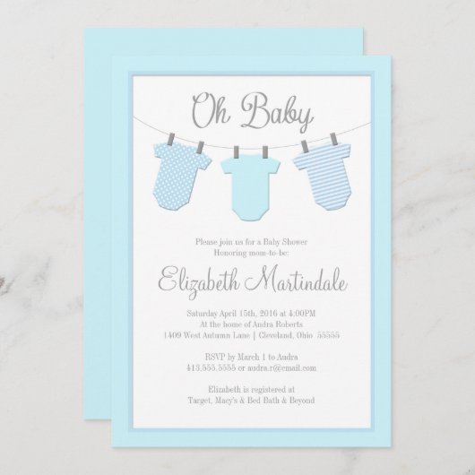 Clotheslineの青い男の赤ちゃんのシャワーの招待状 招待状 (正面/裏面)