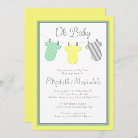 Clotheslineの黄色及び水のベビーシャワーの招待状 招待状 (正面/裏面)