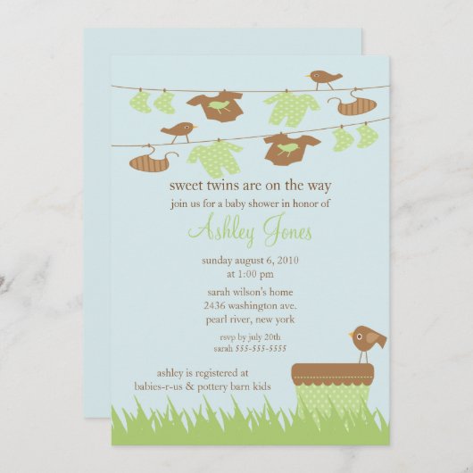 Clotheslineは男女兼用なベビーシャワーを結び付けます 招待状 (正面/裏面)