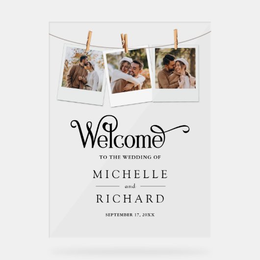 Clothesline 3 Photo Collage Wedding Welcome アクリルサイン (正面)