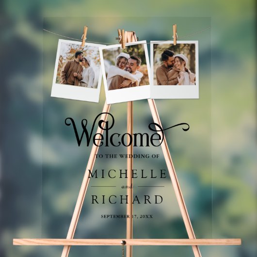 Clothesline 3 Photo Collage Wedding Welcome アクリルサイン (ニュートラル)
