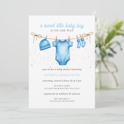Clothesline Blue Boy Baby Shower 招待状 (スタンド正面)