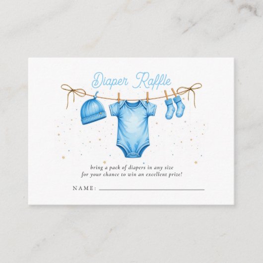 Clothesline Blue Boy Baby Shower Diaper Raffle エンクロージャーカード (正面)