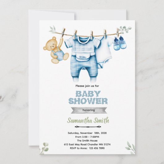 Clothesline boy baby shower invitation 招待状 (正面)