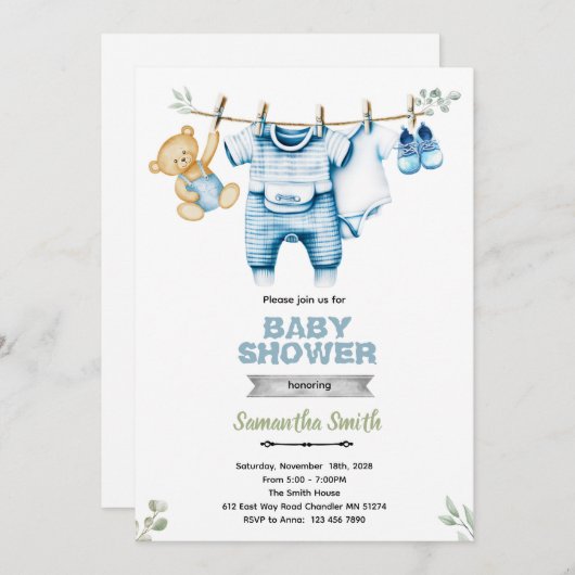 Clothesline boy baby shower invitation 招待状 (正面/裏面)