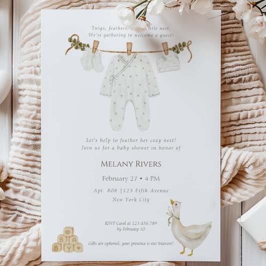 Clothesline Goose Nest Baby Shower Invitation 招待状