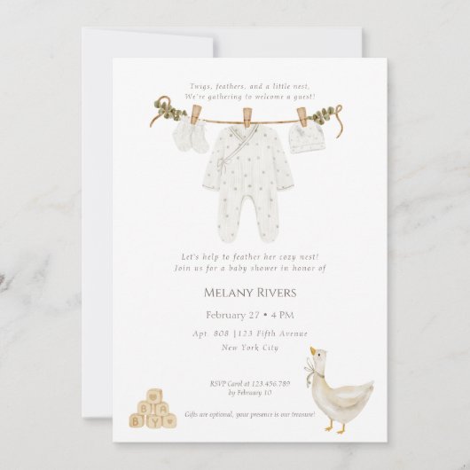 Clothesline Goose Nest Baby Shower Invitation 招待状 (正面)
