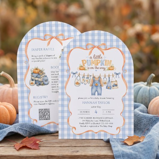 Clothesline Little Pumpkin Blue Baby Shower 招待状