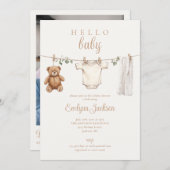 Clothesline Neutral Baby Shower Photo QR Code 招待状 (正面/裏面)