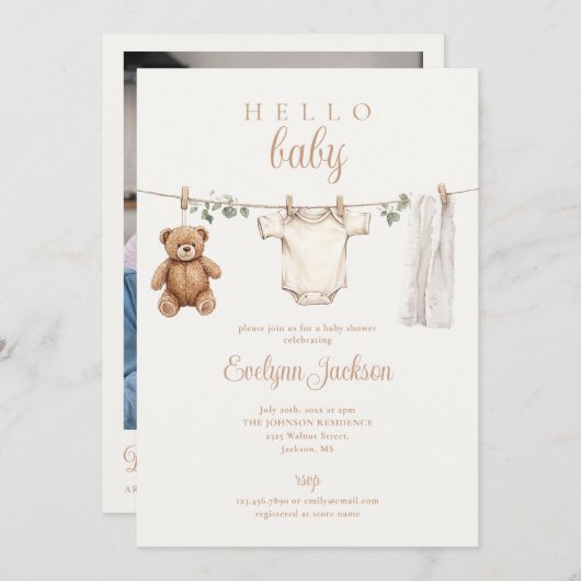 Clothesline Neutral Baby Shower Photo QR Code 招待状 (正面/裏面)