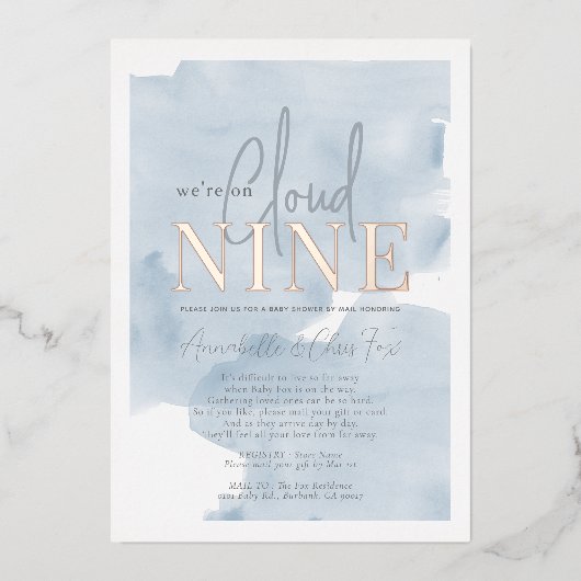 Cloud 9 Blue Sky Boy Baby Shower by Mail 箔招待状 (正面)