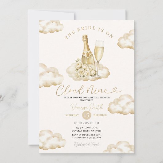 Cloud 9 Champagne Elegant Neutral Bridal Shower 招待状 (正面)