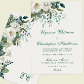 Cloud Dancer Forest Teal Script Floral Wedding 招待状
