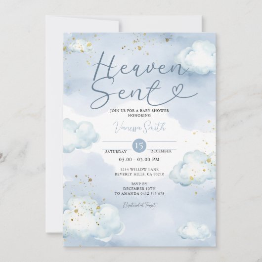 Cloud Heaven Sent Baby Shower Gold Glitter 招待状 (正面)
