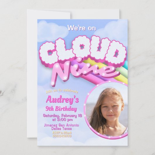 Cloud Nine - 9th Birthday with Photo 招待状 (正面)