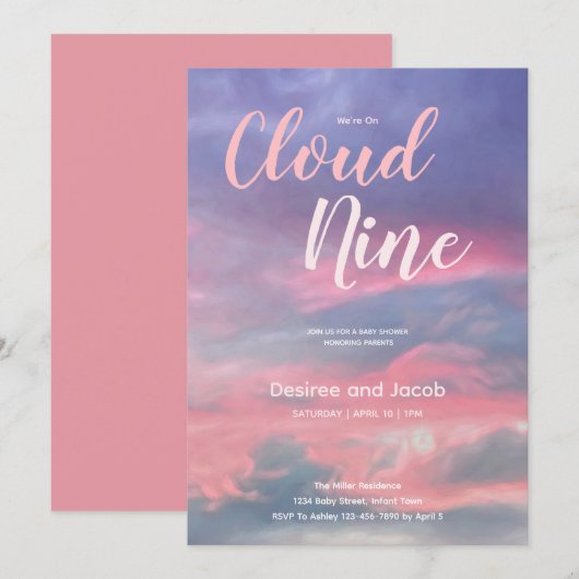 Cloud Nine Baby Girl Pink Blue Shower Invitations 招待状 (正面/裏面)