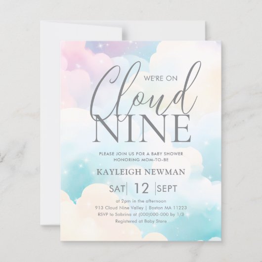 Cloud Nine Baby Shower Budget招待状 (正面)